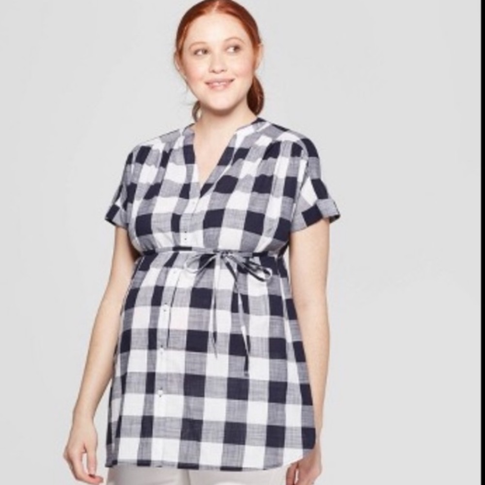 Final price ISABEL MATERNITY Navy & White Plaid Top with Belt Tie